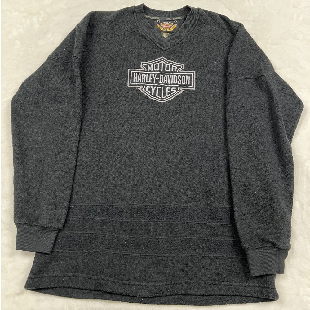 Harley-Davidson Fleece Sweatshirt Mens Medium Black V-Neck Bar & Shield Logo